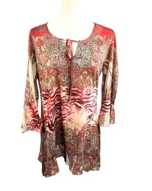 French Blue Bohemian Print Embellished Top in Cranberry & Greens Size M EUC